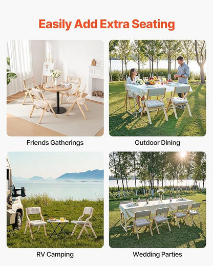 VEVOR Wooden Folding Chairs with Cushion, Set of 4, Portable Foldable Cushion Chair with Wooden Frame, Modern Padded Dining Chair for Kitchen, Office, Wedding, Party, Dining Room, Easy Assembly, Beige
