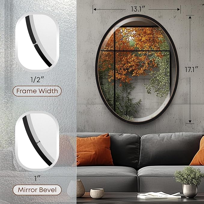 OVALCREST - Oval Wooden Beveled Wall Mirror for Home Decor, Bathroom, Vanity, Bedroom, Living Room, Hallway - London Style (Rubbed Black) 13.1 x 17.1