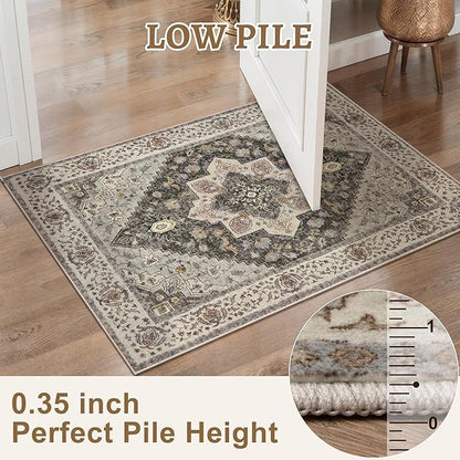Tangsoo 2x3 Washable Rugs for Entryway, Vintage Non Slip Small Area Rug, Indoor Front Door Rug, Door Mat Small Carpet, Soft Low Pile Entry Rug for Entrance Kitchen Bedroom Print Distressed Grey/Brown