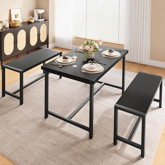 Dining Table Set for 4 with 2 Benches, 3-Piece Kitchen Table Set, Space-Saving Dining Set for Kitchen, Dining Room, Black