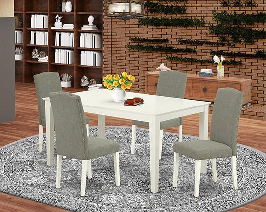 East West Furniture CAEN5-LWH-06 5 Piece Dining Room Furniture Set Includes a Rectangle Dining Table and 4 Dark Shitake Linen Fabric Upholstered Parson Chairs, 36x60 Inch, Linen White