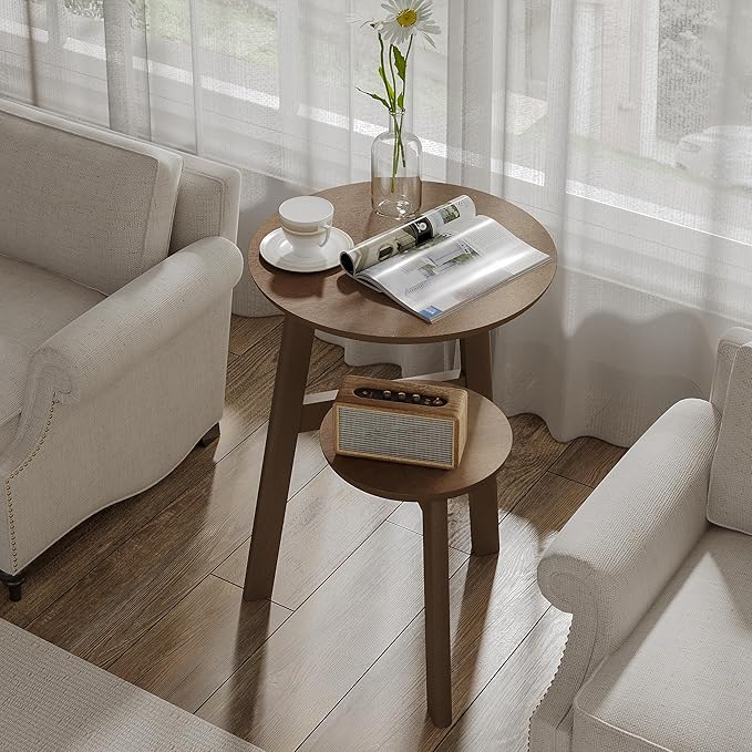 ChooChoo Round End Table Set of 2, Narrow Side Table for Small Spaces, Accent Table Night Stand with 2 Tier Shelf for Bedroom and Living Room, Walnut