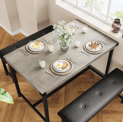 Dining Table Set for 4, Kitchen Table with 2 Upholstered Benches, 3-Piece Dining Room Set for Kitchen, Apartment and Small Spaces, Gray