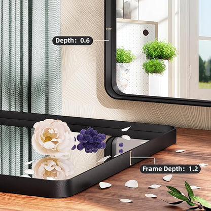 Hasipu Black Bathroom Mirror 59x39 Inch Rounded Rectangle Vanity Mirror Metal Framed Wall Mirrors Anti-Rust Surface Mount (Horizontal/Vertical)