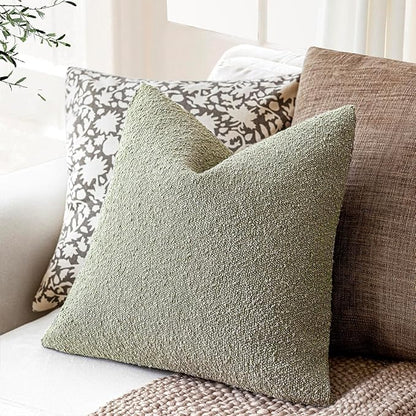 Foindtower Set of 2, Decorative Textured Boucle Throw Pillow Covers Accent Solid Pillow Cases Neutral Soft Couch Cushion Case for Chair Sofa Bedroom Living Room Home Decor 16x16 Inch Dirty Sage Green