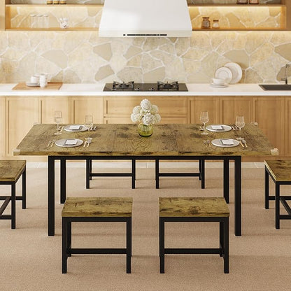 7-Piece Dining Table Set, 63" Extendable Kitchen Room Table with 6 Stools, Mid Century Modern Dinner Table with Metal Frame & MDF Board, Space-Saving, Easy Assembly, Rustic Brown