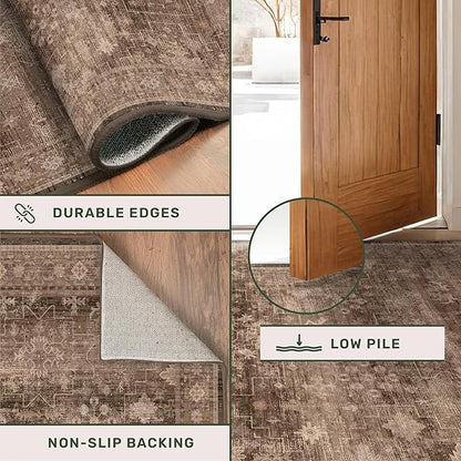 Boho Taupe Brown 2x3 Entryway Rug - Modern Vintage Traditional Eclectic Oriental Neutral, Washable Low Pile Non-Slip Small Throw Area Rugs for Door Mat Indoor Entrance, Kitchen, Bathroom