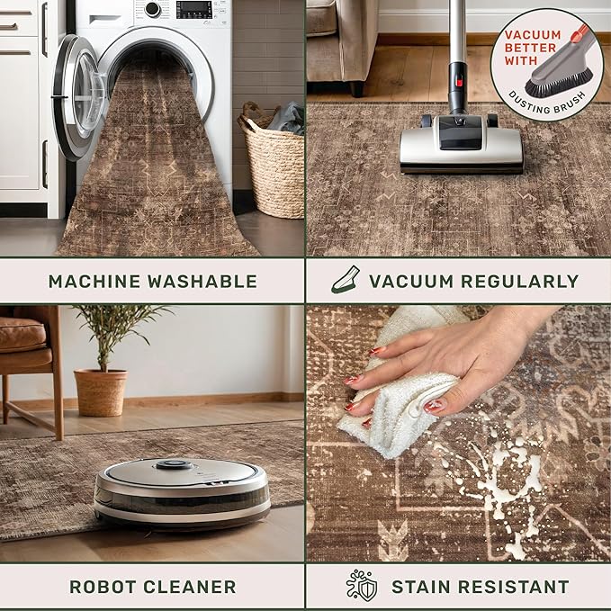 Brown Washable Long Runners for Hallways, 2x10 Wide Kitchen Runner Rug, Entryway Indoor Rug, Non Slip Rubber Backing Boho Vintage Dark Floor Decor