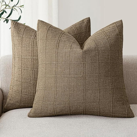 Foindtower Set of 2 Decorative Linen Check Throw Pillow Covers Neutral Farmhouse Vintage Cushion Covers Modern Boho Home Decor for Sofa Chair Couch Bedroom Living Room Outdoor,24×24 Inch,Light Brown