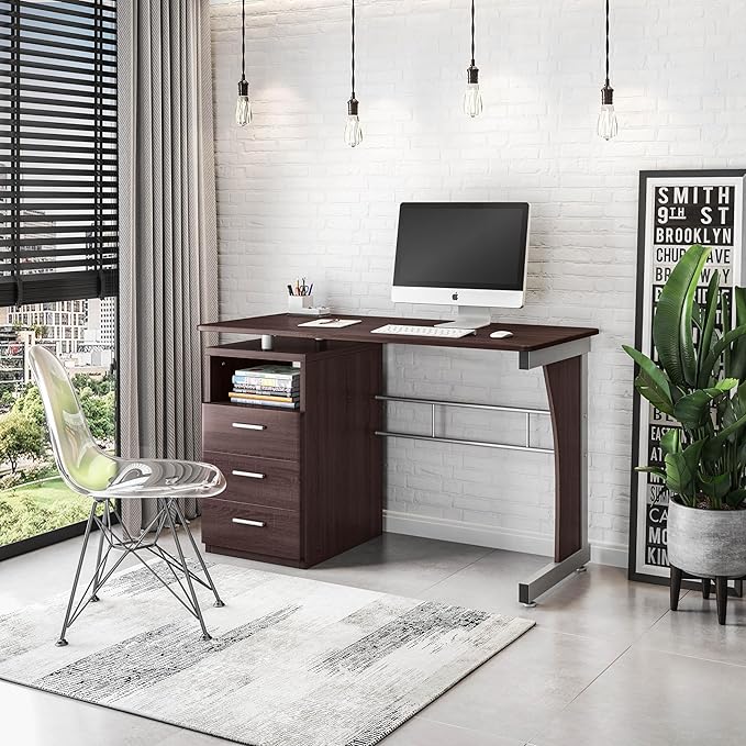 48" Computer Desk with Drawers, Home Office Desk with Storage, Heavy Duty and Water Resistant Study Table, Chocolate Brown