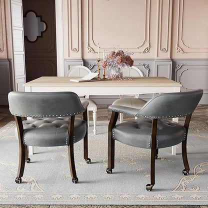 LEEMTORIG Dining Chairs with Casters and Arms, Rolling Dining Chairs with Wheels, Game Poker Table Chairs, Solid Wood Boss Caption's Chairs Office Desk Chairs, Espresso Legs & Dark Grey, XXY-1910-DG