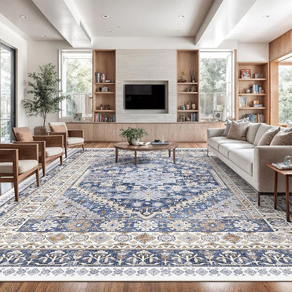 zesthome 12x15 Area Rugs, Large Washable Rug, Ultra-Thin Stain Resistant Rugs for Living Room, Bedroom, Non-Slip Backing Home Decor Area Rug (Blue/Beige,12'x15')