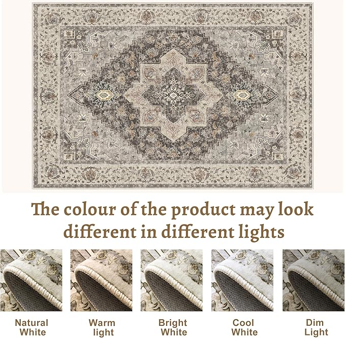 Tangsoo Washable Rug 4x6 Area Rug, Vintage Rug Indoor for Living Room, Non Slip Machine Washable Large Rugs, Soft Print Distressed Brown/Grey Farmhouse Carpet for Bedroom Dining Room Dorm Office