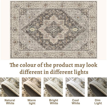 Tangsoo Washable Rug 4x6 Area Rug, Vintage Rug Indoor for Living Room, Non Slip Machine Washable Large Rugs, Soft Print Distressed Brown/Grey Farmhouse Carpet for Bedroom Dining Room Dorm Office