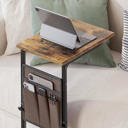Vagusicc C Shaped End Table, 33"Tall Side Table for Couch, Adjustable Height Sofa Table Small Couch Side Tables, Slide Under Recliner TV Tray Arm Tables with Metal Frame for Living Room,Bedroom,Brown