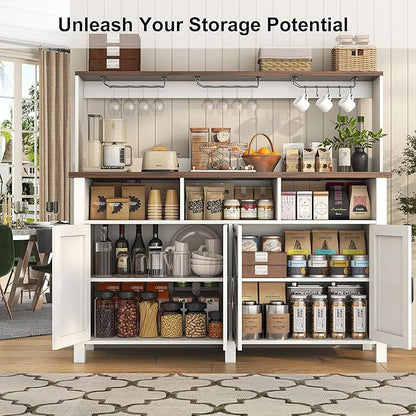 Buffet Sideboard with Storage Hutch with Power Outlets 4 Doors, Large Farmhouse Kitchen Storage Cabinet Wood Coffee Bar Cabinet with Goblet Holder and Cup Hooks for Kitchen, Dining Room, Entryway