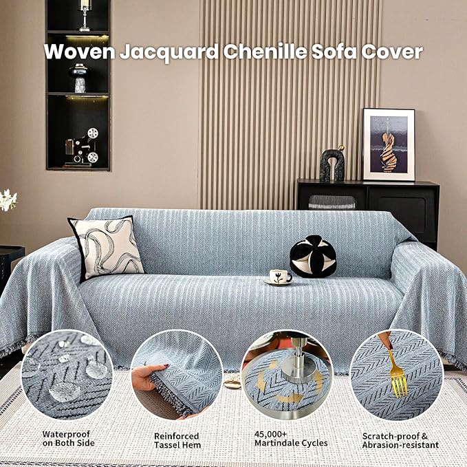 Nobildonna Sofa Cover Washable Soft Thicken Chenille Couch Cover with Tassel,Waterproof Sofa Slipcover for 2-3 Cushion Couch,Sectional Sofa,L-Shaped Furniture Protector Pet-Friendly,Dusty Blue71 x118