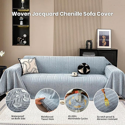 Nobildonna Sofa Cover Washable Soft Thicken Chenille Couch Cover with Tassel,Waterproof Sofa Slipcover for 3-4 Cushion Couch,Sectional Sofa,L-Shaped Furniture Protector Pet-Friendly,Dusty Blue71 x150