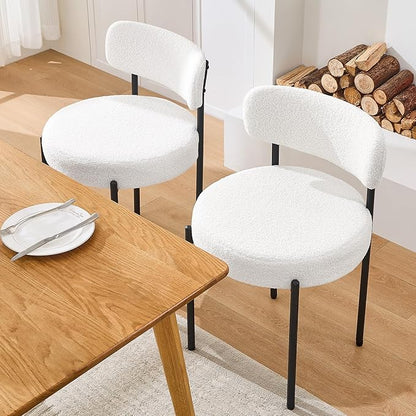 Dining Chairs Set of 2, White Boucle Dining Chair, Curved Backrest Upholstered Dining Room Chairs with Black Metal Legs, Mid Century Modern Dining Chairs for Kitchen, Living Room, White