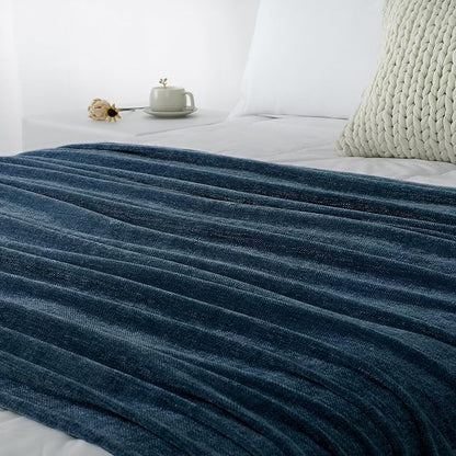 Chenille Throw Blanket for Couch 50"X 60", Soft Cozy Throws with Fringe Tassel for Bed Sofa Chair Cover, Lightweight Knitted Decorative Boho Blankets for Living Room, Navy Blue
