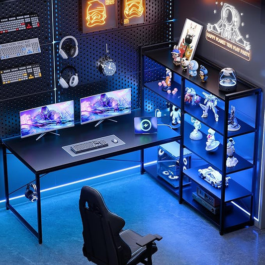 Pamray L Shaped Computer Desk with Reversible Side Storage Shelves, 49 Inch Gaming Desk with Power Outlets and Led Lights, PC Table for Home Office and Bedroom Black