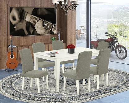 East West Furniture CAEN7-LWH-06 7 Piece Dining Room Furniture Set Consist of a Rectangle Dining Table and 6 Dark Shitake Linen Fabric Parsons Chairs, 36x60 Inch, Linen White