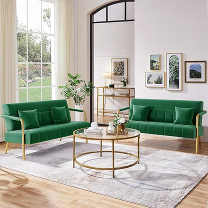 Yaheetech 56.5" W Modern Sofa Small Sofa Luxurious Velvet Fabric Couch with Gold-Tone Metal Arms and Legs for Living Room, Home Office, Studio Green