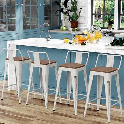 WENTMENT Bar Stools Set of 4 Counter Height Bar Stools Metal Barstools with Removable Back 30" Kitchen Bar Stools with Wooden Seat, Distressed White