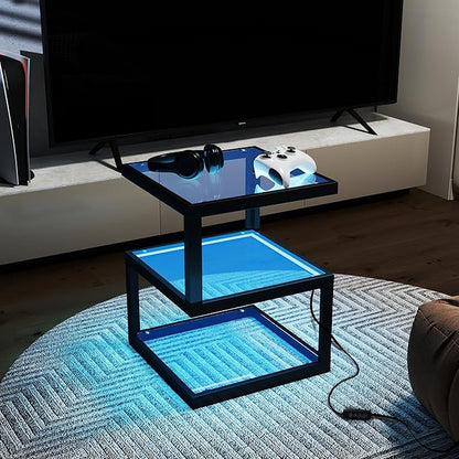 3-Tier Glass Table with LED Strip, Unique S-Shaped Design SideTable, Moderen Black Deco Table for Living Room and Bedside Room