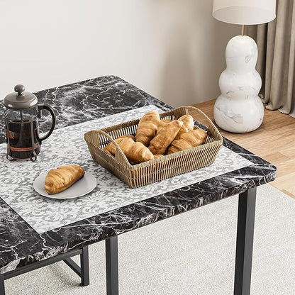 VECELO Kitchen Table and Chairs for 4, Dining Room Set with PU Chairs/Stools, Heavy-Duty Metal Frame, Faux Marble Tabletop, Space-Saving Design for Small Spaces, Easy Assembly, Elegant Black