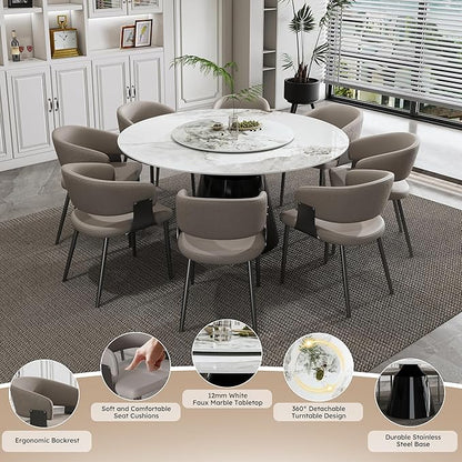 Ball & Cast 9-Piece Dining Set,Faux Marble Table with Detachable Rotating Tray & 8 PU Leather Chairs,Modern Kitchen Dining Room Table Set w/Stainless Steel Base,for Restaurant & Home,Grey