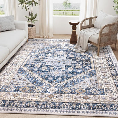 zesthome 5x7 Area Rugs - Ultra-Thin Washble Rug, Stain Resistant Anti Slip Backing Rugs for Living Room,Bedroom, Vintage Home Decor Area Rug (Blue/Beige,5'x7')
