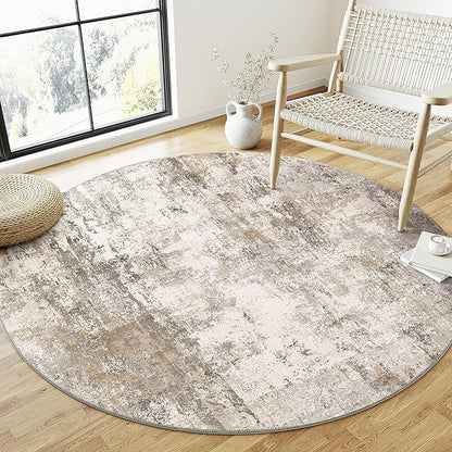 3x3 Washable Round Rug Brown Grey Neutral Abstract Entryway Non Slip Low Pile Area Rug Living Room Bedroom Indoor Doormat Small Soft Carpet for Entrance Bathroom Kitchen