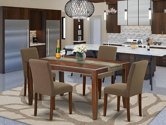 East West Furniture DUAB5-MAH-18 5 Piece Dining Set Includes a Rectangle Dining Room Table and 4 Coffee Linen Fabric Upholstered Chairs, 36x60 Inch, Mahogany