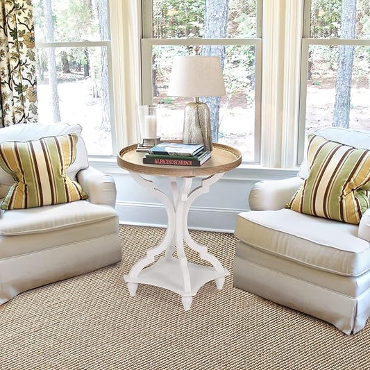 Wnutrees Farmhouse Round Accent End Table, Rustic Side Table Nightstands for Living Room, Wood Tray Top, Handcrafted Finish, Set of 2, White