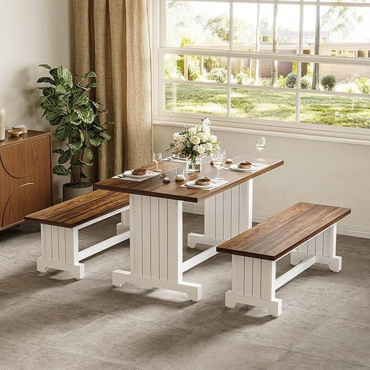 LITTLE TREE Dining Table Set for 4 with 2 Benches, Modern Kitchen Table with MDF Board, Space-Saving Dinette for Kitchen, Dining Room, Brown and White