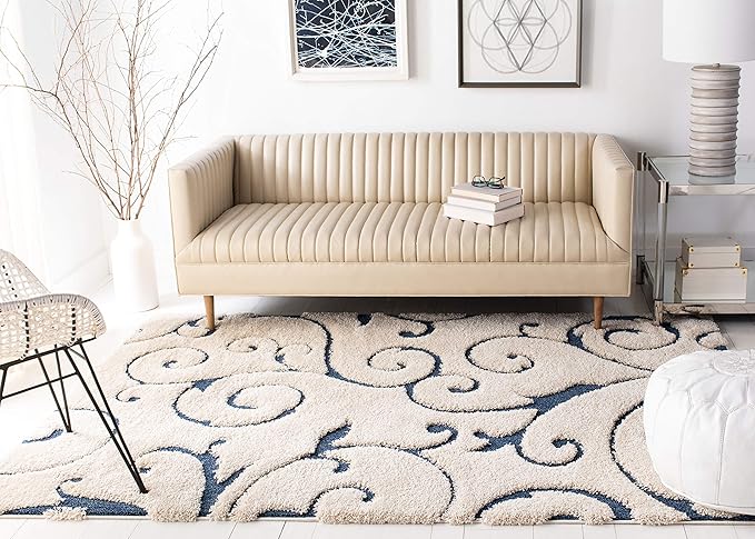SAFAVIEH Area Rug 8x10 - Florida Shag Collection - Large - Cream & Blue, Scroll Design, Non-Shedding & Easy Cleaning, Plush Thick Pile, Ideal for Living Room, Bedroom, Dining Space (SG455-1165)