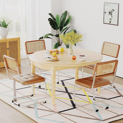 Rattan Dining Chairs Set of 2 Mid Century Modern Kitchen Chairs with Natural Rattan Backrest Oak Frame and Upholstered Pu Seat Chairs with Metal Legs