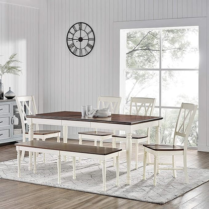 Crosley Furniture Shelby 6-Piece Traditional Dining Table Set for 7 with 4 Chairs and a Wood Bench, Distressed White