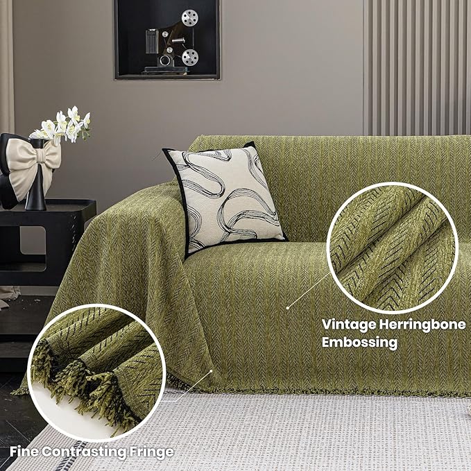 Nobildonna Sofa Cover Washable Soft Thicken Chenille Couch Cover with Tassel,Waterproof Sofa Slipcover for 3-4 Cushion Couch,Sectional Sofa,L-Shaped Furniture Protector Pet-Friendly,Green 71"x134"