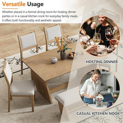 Merax 6-Piece Retro Dining Set, 1 Rectangular Table with Stable Trapezoidal Table Base and 4 Upholstered Chairs and 1 Bench for Dining Room and Kitchen, Natural Wood Wash