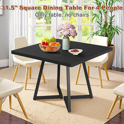 Square Dining Table for 4, 31.5-Inch Farmhouse Dinner Table Wooden Kitchen Tables with Metal Base for Dining Room, Kitchen, Living Room, Black