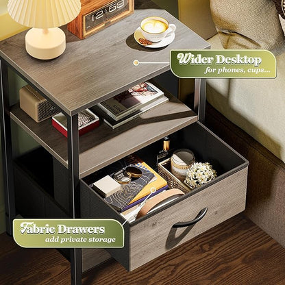 Huuger Night Stand Set of 2, Nightstand with 2 Drawers, Bed Side Table with Open Shelf, Wooden Top, End Table, Fabric Drawer with Oak Wooden Print Surface, for Bedroom