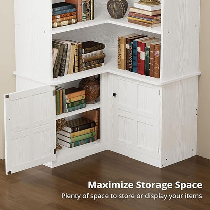 IRONCK Corner Bookshelf with Doors, 6 Tier Bookcase with Storage, Corner Shelf with Cabinet, Large Tall Bookshelf for Living Room, Home Office, Bedroom,White