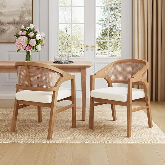 Christopher Knight Home Faritel Modern Wooden Dining Chairs Set of 2, Fabric Upholstered Kitchen Side Armchairs, Living Room Comfy Reading Chair with Curved Rattan Back, Natural Oak+Beige