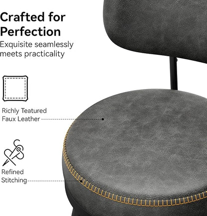 Counter Height Bar Stools, 26" H Swivel Barstools Set of 2, Faux Leather Kitchen Counter Stools with Back and Stylish Stitching, Metal Frame, Pub, Home Bar, Black Grey