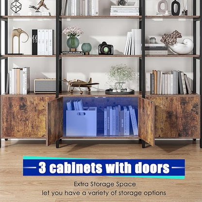 Triple Wide 5 Tier Tall Arched Bookshelf and Bookcase with 3 Cabinets, Industrial Metal Etagere Open Bookshelf, Rustic Wood Standing Book Shelf with Black Metal Frame for Bedroom Living Room