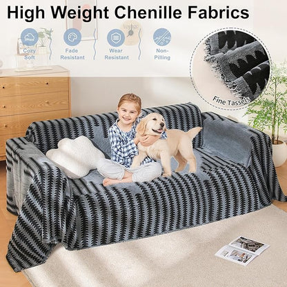 Boho Sofa Cover, Couch Covers for 3 Cushion Couch Sofa Pet Friendly, Sofa Cover Washable, Soft Chenille Living Room Couch Covers Slipcover, Pet Furniture Protecto (2# Dark Grey, 71" x 150")