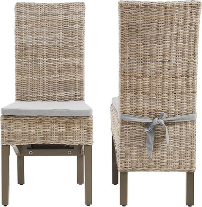 Crosley Furniture Edelyn Natural Rattan Dining Chairs Set of 2, Farmhouse Kitchen Accent Chair with Cushion, Kubu Rattan/Gray