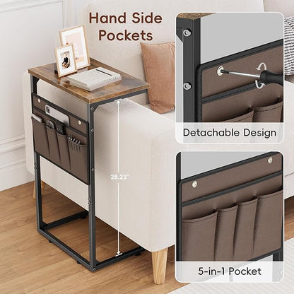 Vagusicc C Shaped End Table Set of 2, Tall Side Table for Sofa, Small Couch Side Table with Storage Bag, TV Tray Table for Small Spaces, Sturdy Slide Under Sofa Table with Metal Frame for Living Room